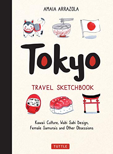 Book cover titled Tokyo Travel Sketchbook with hand-drawn illustrations of Japanese cultural icons.