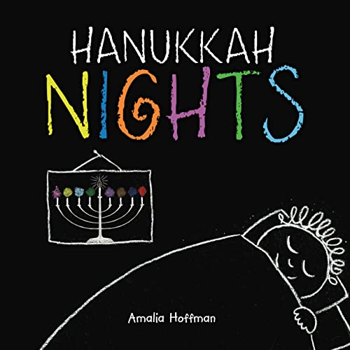 Book cover for "Hanukkah Nights" with chalk-style illustration of a menorah and child.