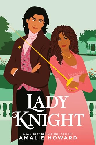 Two women with swords, historical attire, and a garden backdrop.