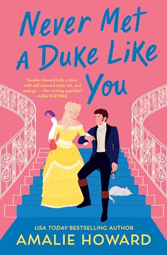 Book cover: couple in Regency-era attire on grand staircase, with a dog.