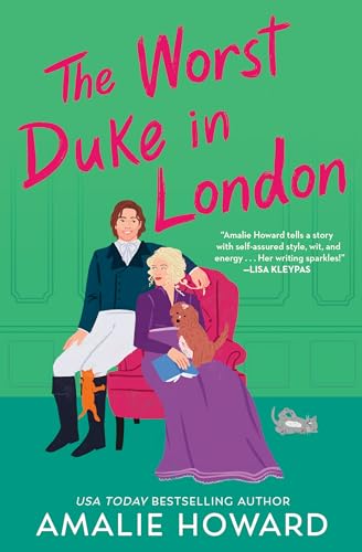 Book cover depicting a duke, a woman, and a golden retriever in a parlor.