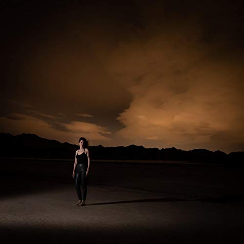 Woman in a black dress stands alone on a dark, sandy landscape at dusk.