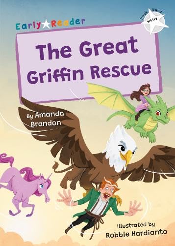 Book cover: griffin flying with a boy, dragon, and unicorn.