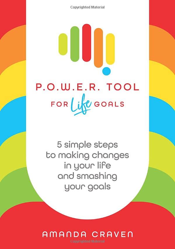 Book cover with colorful rainbow design and bold title: "P.O.W.E.R. Tool for Life Goals".