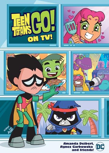 Teen Titans Go! On TV!" book cover featuring cartoon characters and televisions.