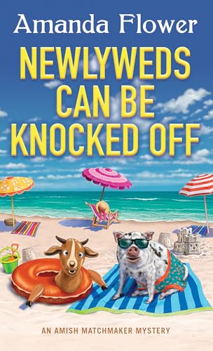 Book cover: beach scene with a goat, pig, and colorful umbrellas.