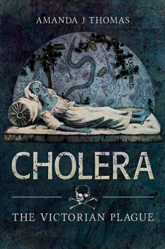 Book cover: ailing woman, cholera bacteria, skull and crossbones, dark blue tones.