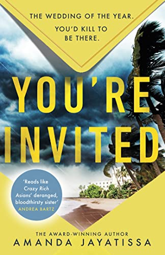 Book cover: "You're Invited" with a tropical beach and stormy sky.