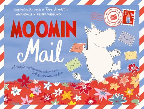 Moomin character with envelopes, on a blue and red striped background.