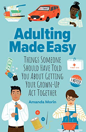 Book cover with illustrations of adult life topics and diverse people.