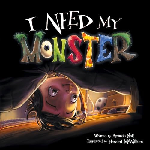 A child's frightened face peeks from under a bed with a monster nearby.