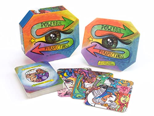Hexagonal boxes and colorful cards with illustrated faces and eyes.