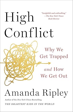 Book cover: "High Conflict" with tangled gold lines and red text.