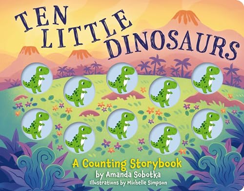 Book cover with ten green dinosaurs in bubbles against a landscape.