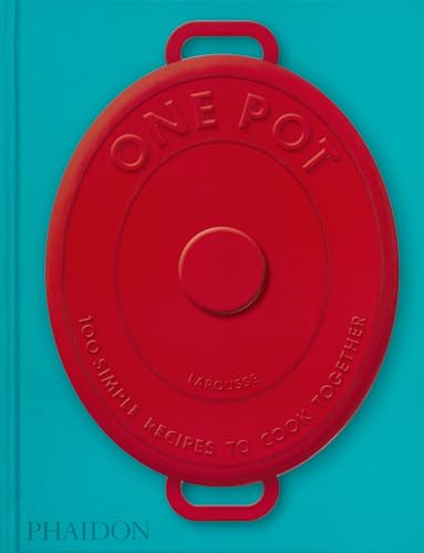 Red cookbook shaped like a pot lid with text on a teal background.