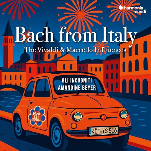 CD cover: orange car in Italian town with fireworks above.