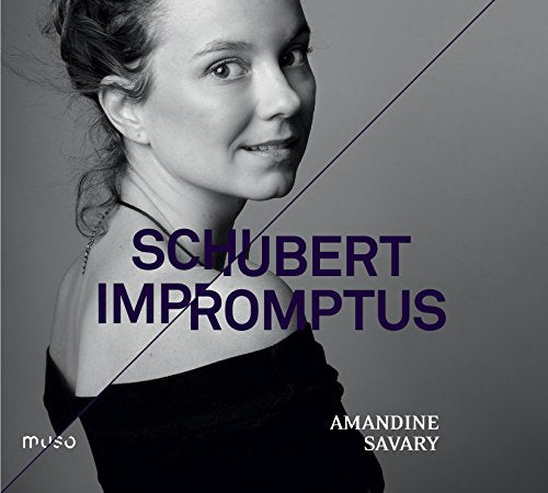 Black and white portrait of Amandine Savary with purple text: "Schubert Impromptus".