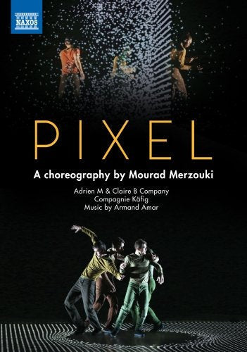 Dancers in motion on a black background with white pixelated patterns and yellow title text.