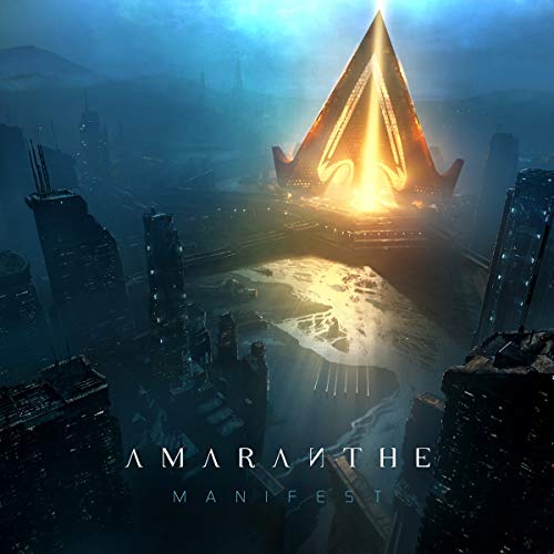 "Album cover art for 'Amaranthe - Manifest' featuring a futuristic cityscape with a glowing pyramid."