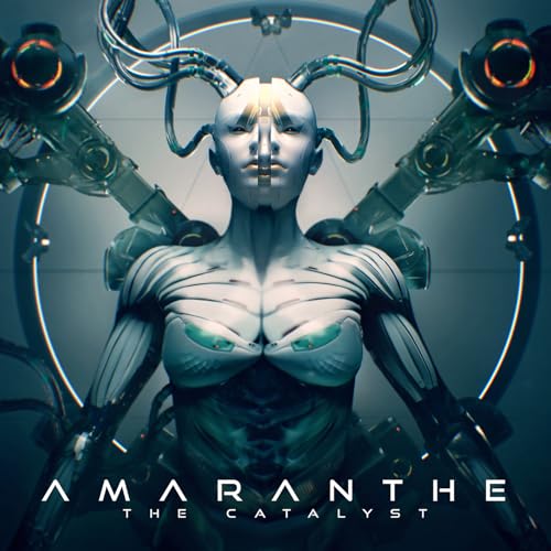 Album cover for Amaranthe’s “The Catalyst” featuring a cyborg-like figure.