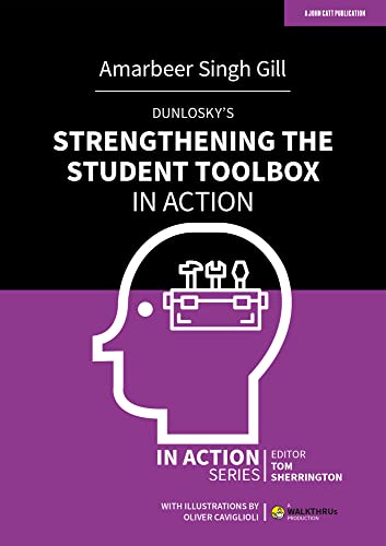 Book cover: "Dunlosky's Strengthening the Student Toolbox in Action" with head illustration.