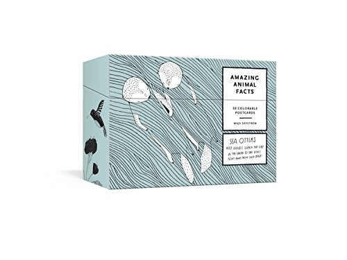 Pale blue box of 50 colorable animal fact postcards with illustrations.