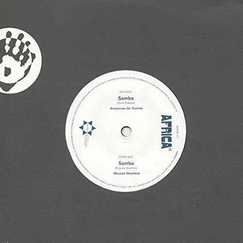White vinyl record label with black text, “Amazones De Guinee - Samba.”