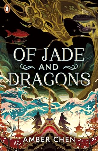 Book cover illustration featuring a large golden dragon, airships, and two figures over pagodas.