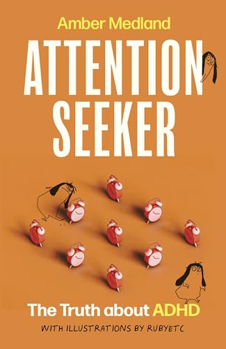 Book cover: "Attention Seeker" with illustrations of people and clocks.