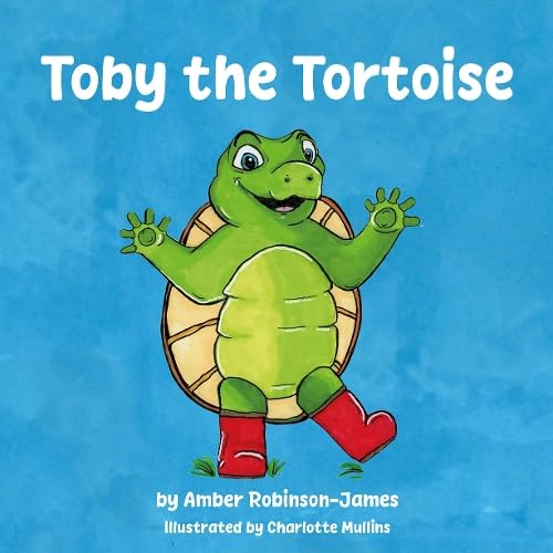 Green cartoon tortoise with red boots, arms outstretched, on blue background.
