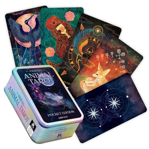 Small rectangular box with colorful illustrations of animals on a tarot card deck inside.