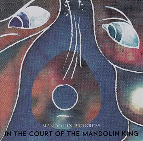 Abstract illustration of a mandolin shape with stylized eyes on a textured blue background.