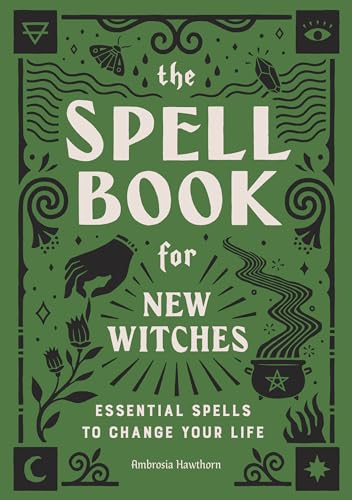 Green book cover titled The Spell Book for New Witches with mystical line art.