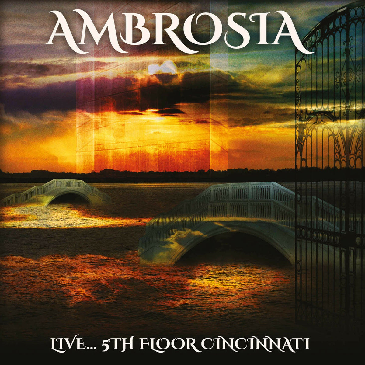 CD cover for Ambrosia’s “Live… 5th Floor Cincinnati” with a bridge scene.