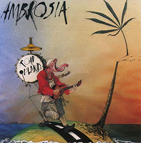 Album cover for Ambrosia’s “Road Island” featuring surreal cartoon imagery.