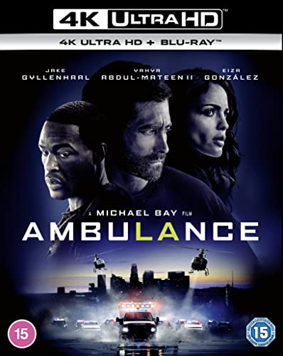 Ambulance movie cover featuring three main actors above a city scene with an ambulance.
