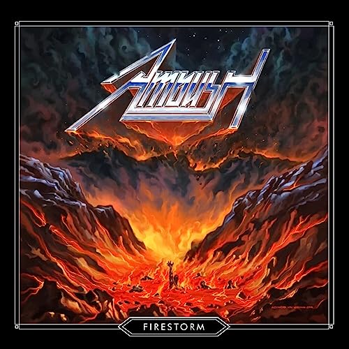 Album cover for Ambush’s “Firestorm,” featuring a fiery landscape and band logo.