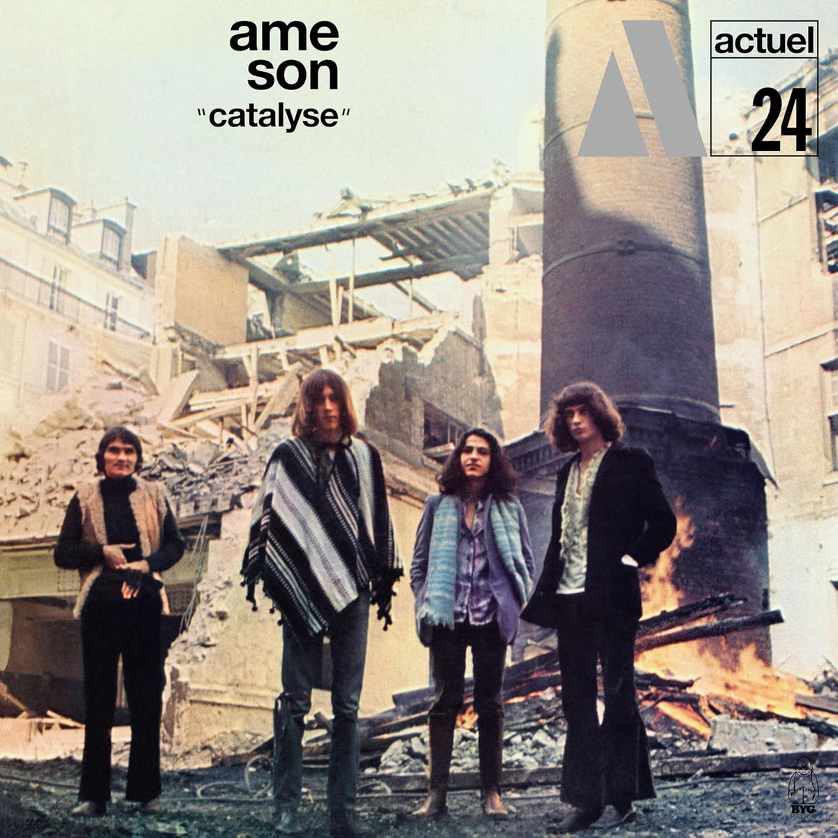 Vinyl album cover: band portrait with cityscape and rubble background.