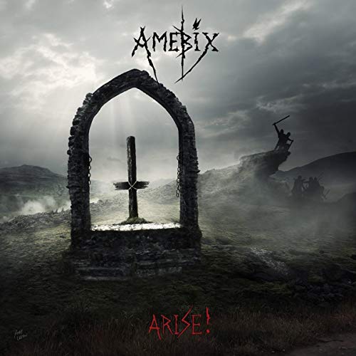 Dark album cover with stone archway, cross, and figures in a landscape.