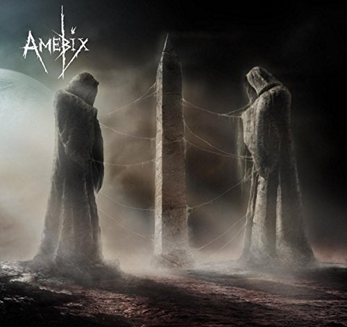 Dark album cover with hooded figures and a tall stone monolith.