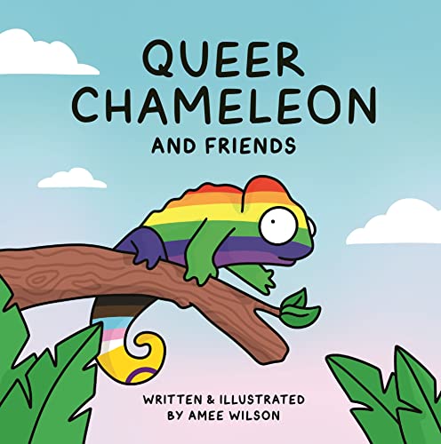 A rainbow-colored chameleon sits on a tree branch against a light blue sky.