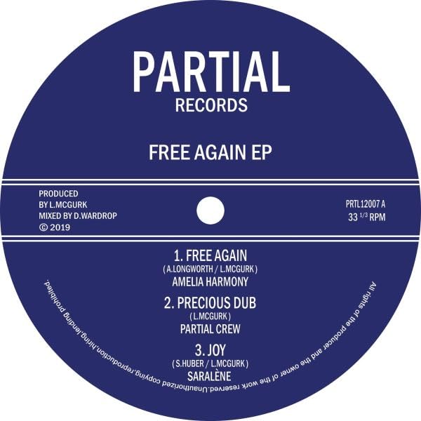 Dark blue vinyl record label with white text: "Partial Records - Free Again EP".