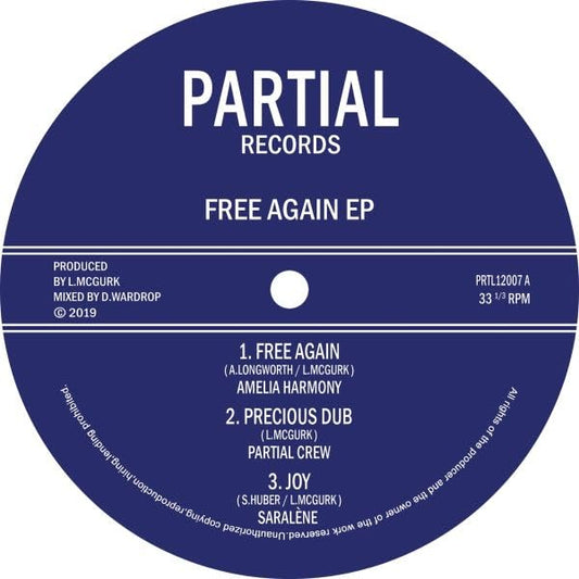 Dark blue vinyl record label with white text: "Partial Records - Free Again EP".