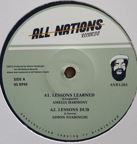 Black vinyl record label with text, a portrait, and logo details.