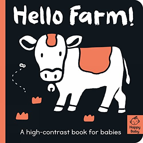 Black background with a white cow and orange details, baby book cover.