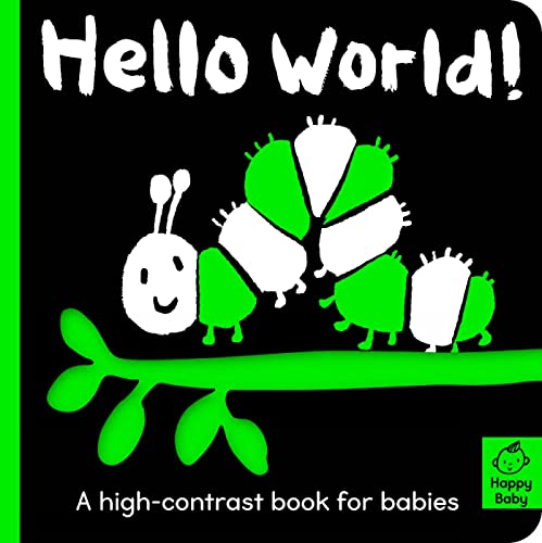 Black and white board book cover featuring a high-contrast green and white caterpillar illustration.