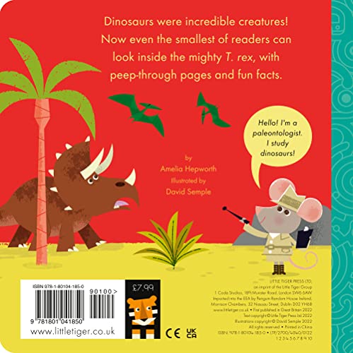 Children’s book cover depicting dinosaurs, a paleontologist, and peek-through pages.