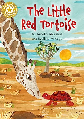 Book cover: giraffe looking down at a small red tortoise in savanna.