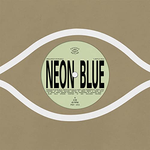 Vinyl record label with a stylized eye design and text “Neon Blue”.