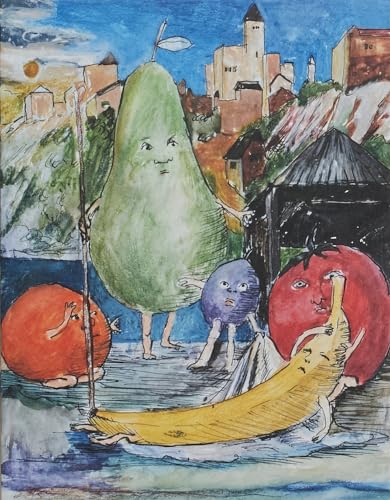 Watercolor painting of anthropomorphic fruits with a castle background.